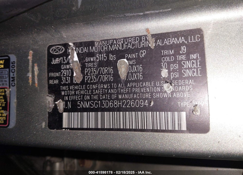 2008 HYUNDAI SANTA FE GLS VIN: 5NMSG13D68H226094