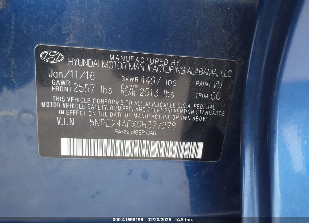 2016 HYUNDAI SONATA VIN: 5NPE24AFXGH377278