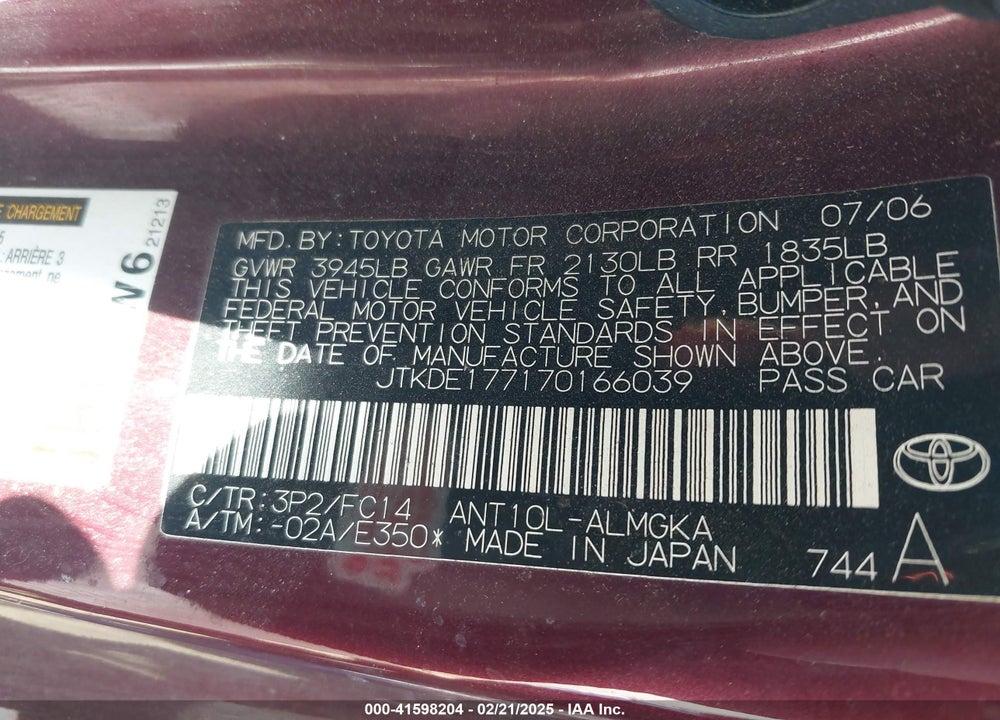 2007 SCION TC VIN: JTKDE177170166039