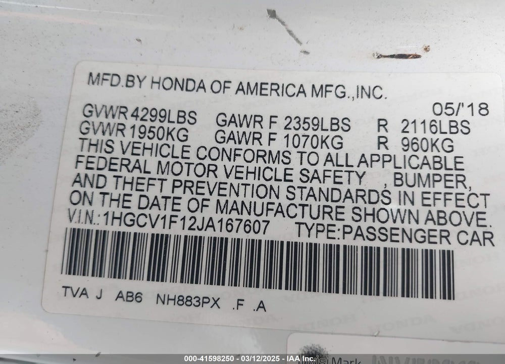 2018 HONDA ACCORD VIN: 1HGCV1F12JA167607