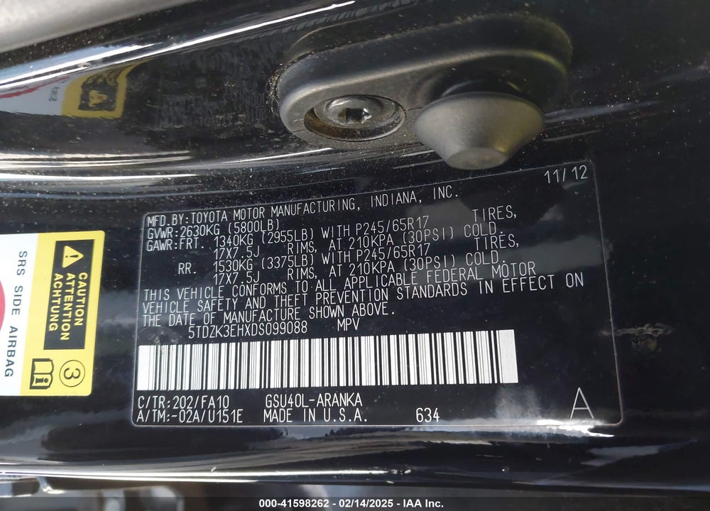 2013 TOYOTA HIGHLANDER BASE PLUS V6 VIN: 5TDZK3EHXDS099088
