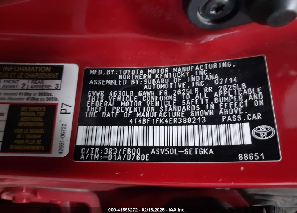 2014 TOYOTA CAMRY VIN: 4T4BF1FK4ER388213