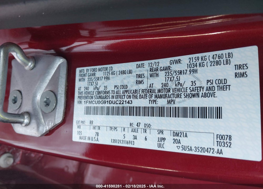 2013 FORD ESCAPE SE VIN: 1FMCU0G91DUC22143