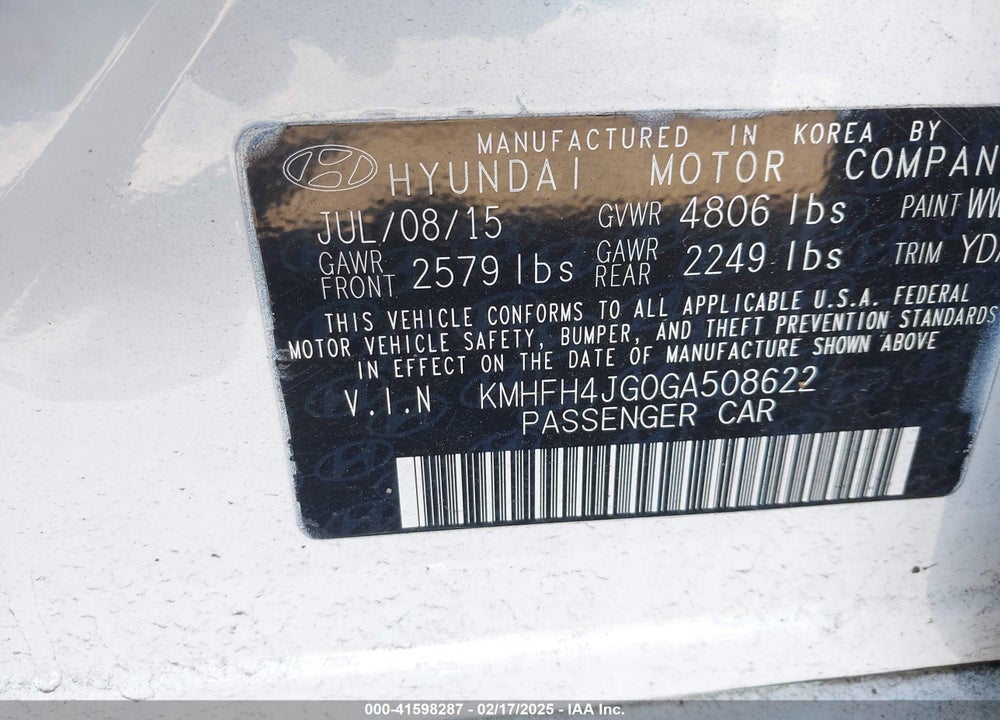 2016 HYUNDAI AZERA VIN: KMHFH4JG0GA508622