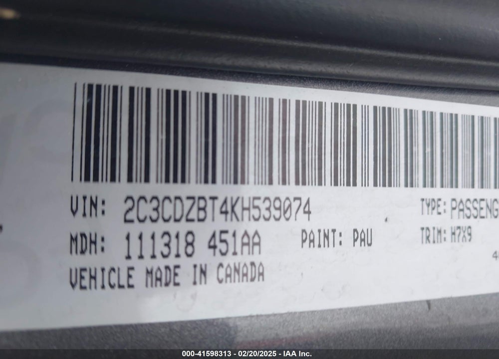 2019 DODGE CHALLENGER VIN: 2C3CDZBT4KH539074