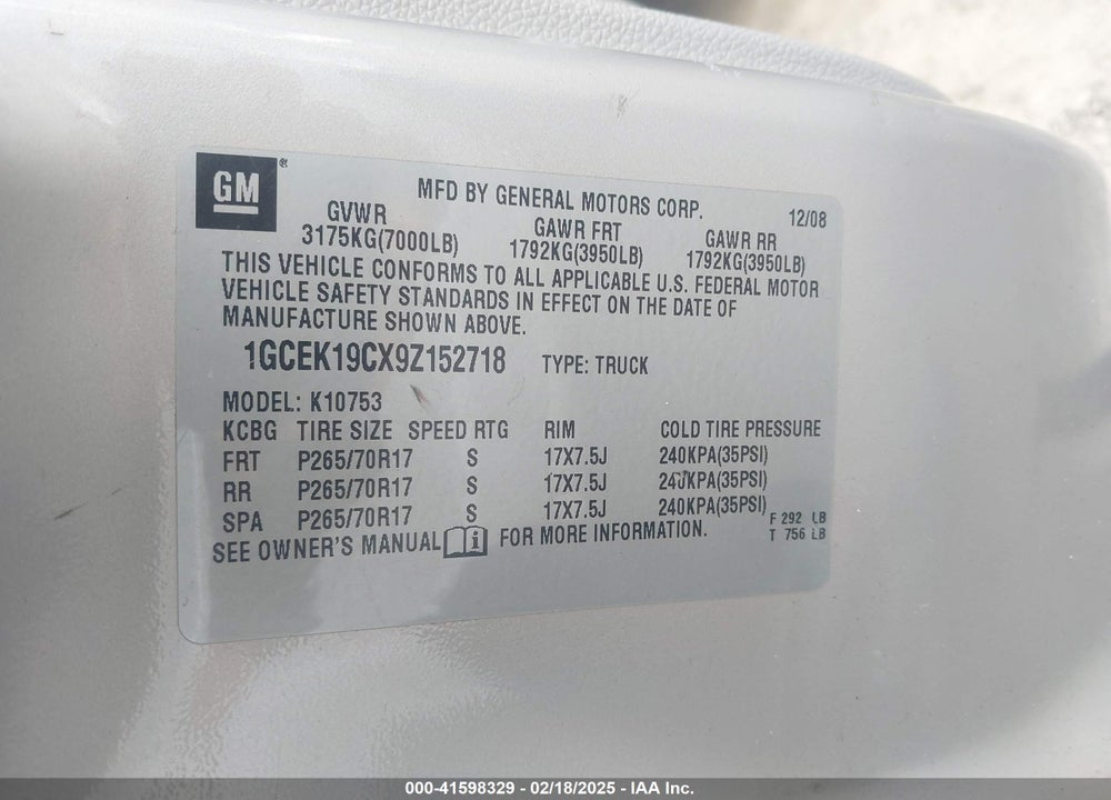 2009 CHEVROLET SILVERADO 1500 WORK TRUCK VIN: 1GCEK19CX9Z152718
