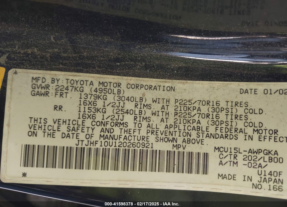 2002 LEXUS RX 300 VIN: JTJHF10U120260921
