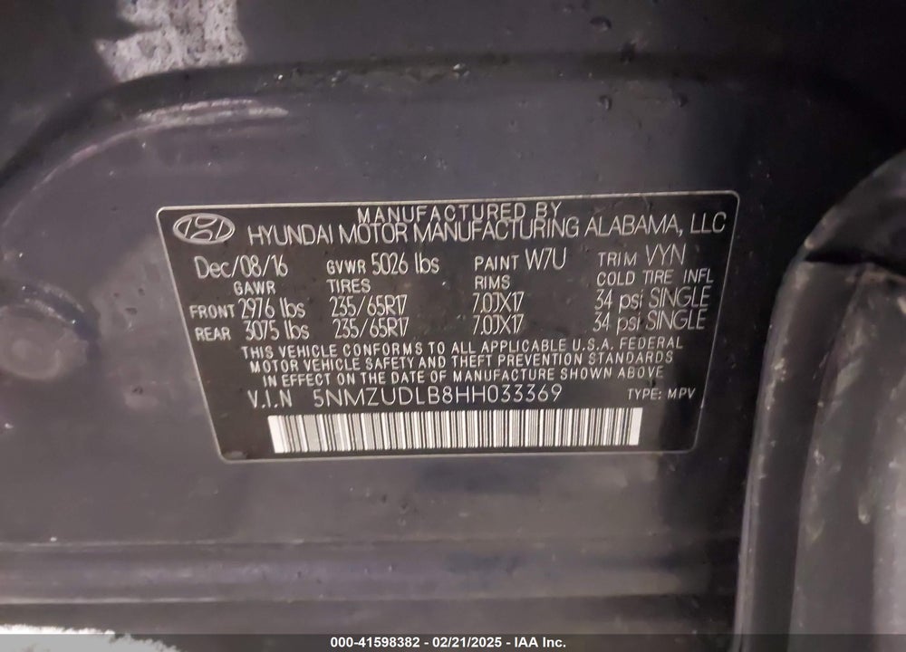 2017 HYUNDAI SANTA FE SPORT 2.4L VIN: 5NMZUDLB8HH033369