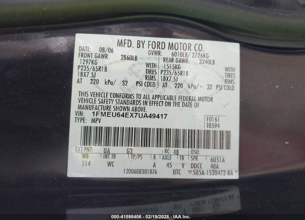 2007 FORD EXPLORER EDDIE BAUER VIN: 1FMEU64EX7UA49417