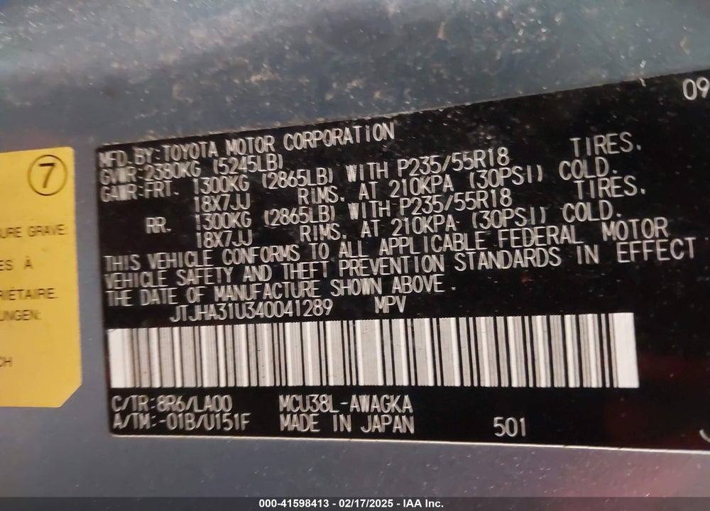 2004 LEXUS RX 330 BASE (A5) VIN: JTJHA31U340041289