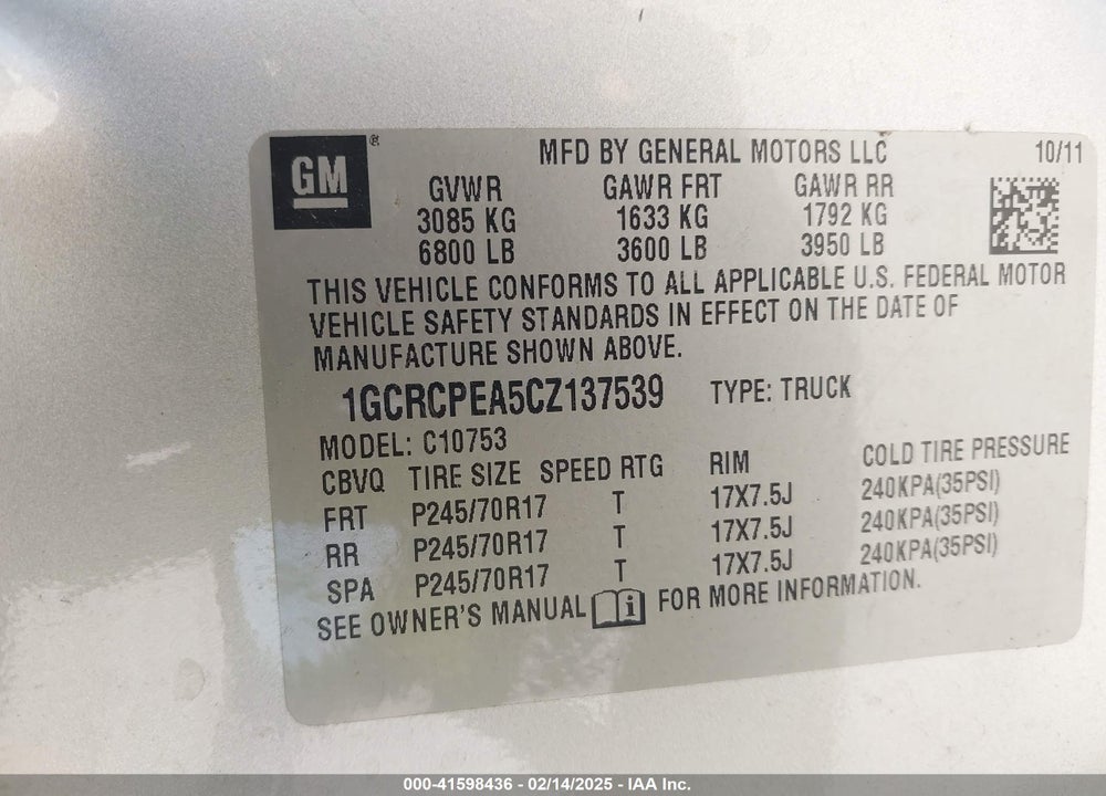 2012 CHEVROLET SILVERADO 1500 VIN: 1GCRCPEA5CZ137539