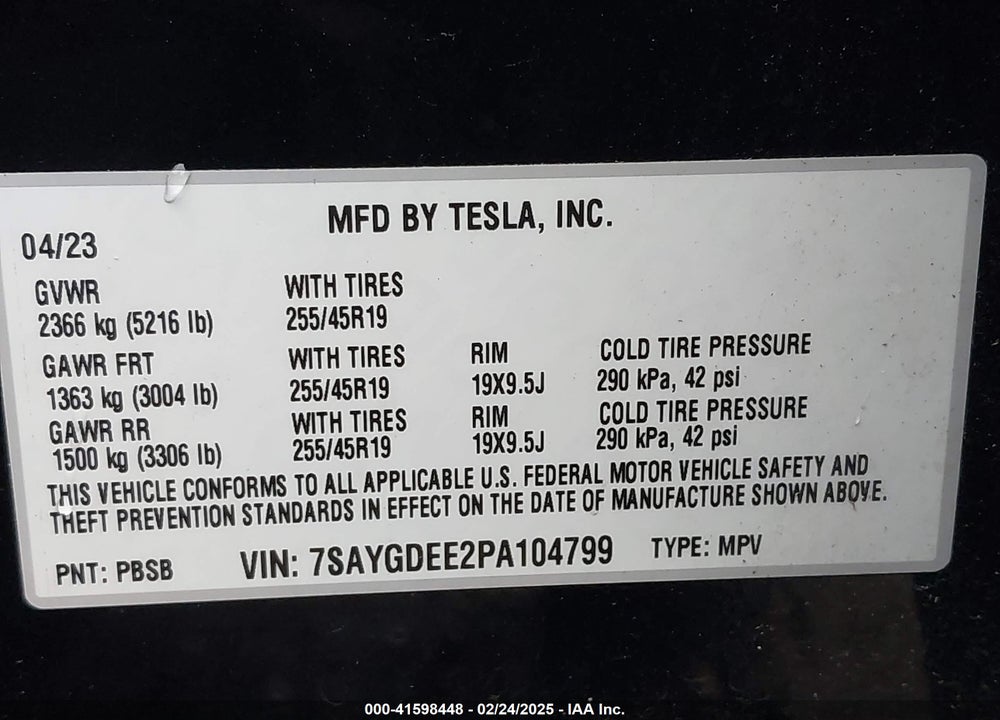2023 TESLA MODEL Y VIN: 7SAYGDEE2PA104799