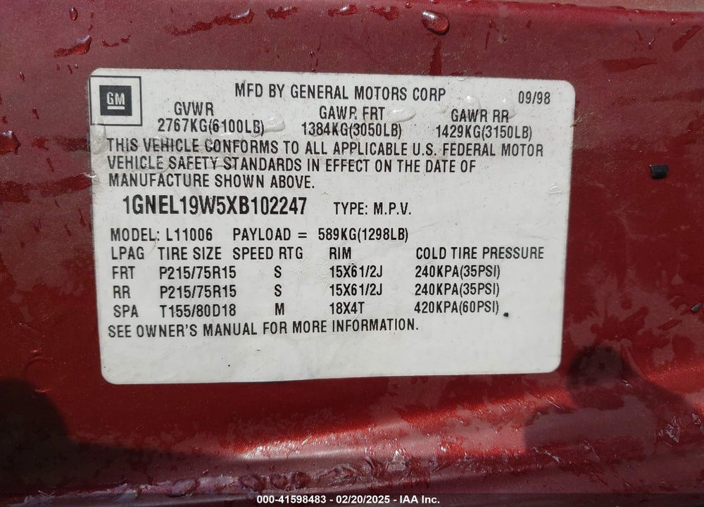 1999 CHEVROLET ASTRO VIN: 1GNEL19W5XB102247