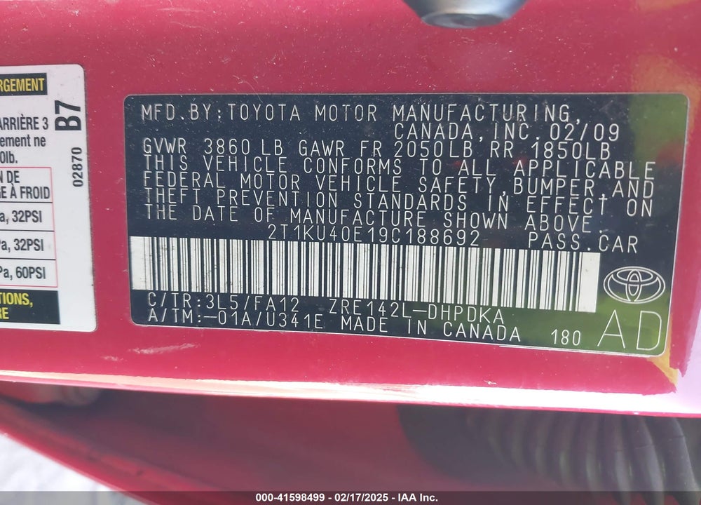 2009 TOYOTA MATRIX VIN: 2T1KU40E19C188692