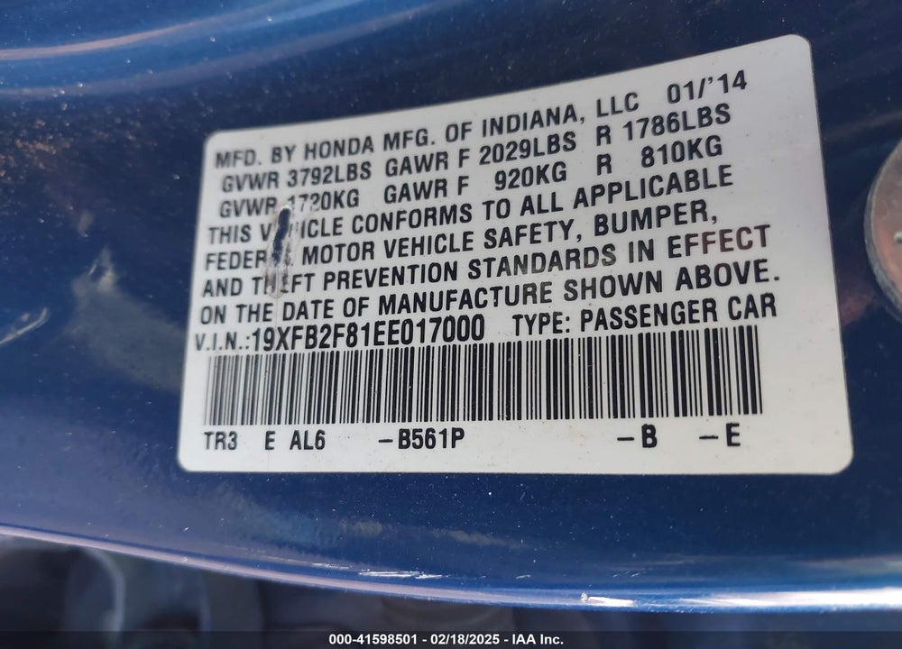 2014 HONDA CIVIC VIN: 19XFB2F81EE017000