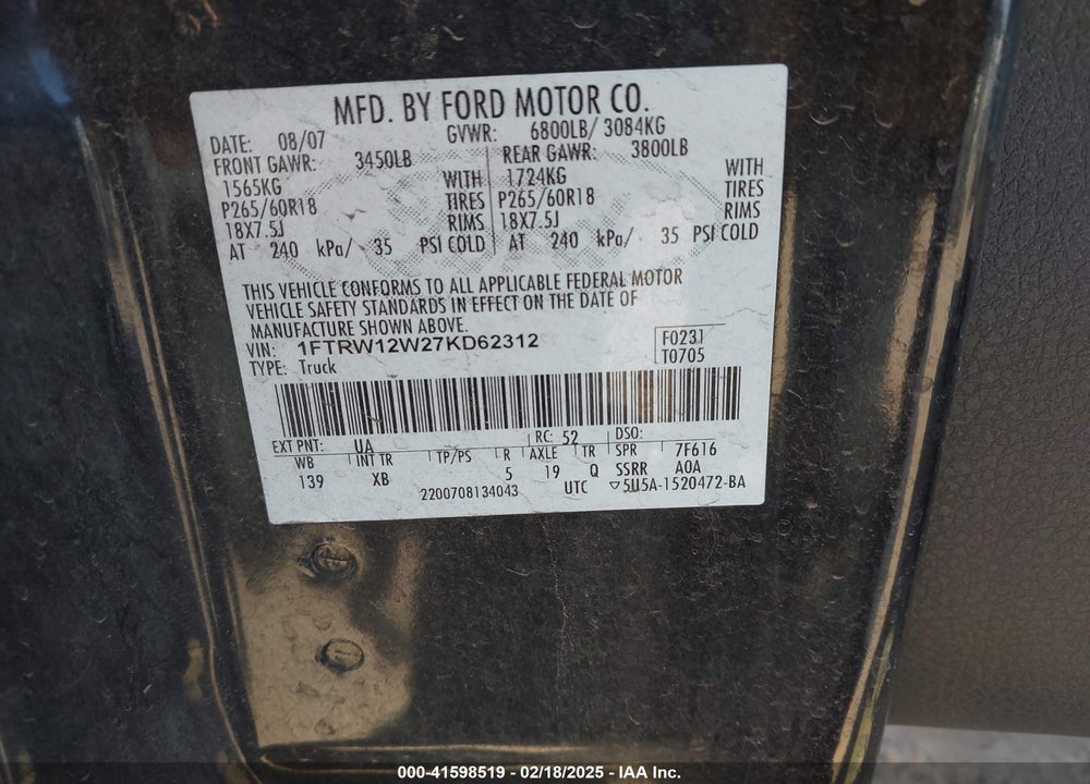 2007 FORD F-150 XLT VIN: 1FTRW12W27KD62312