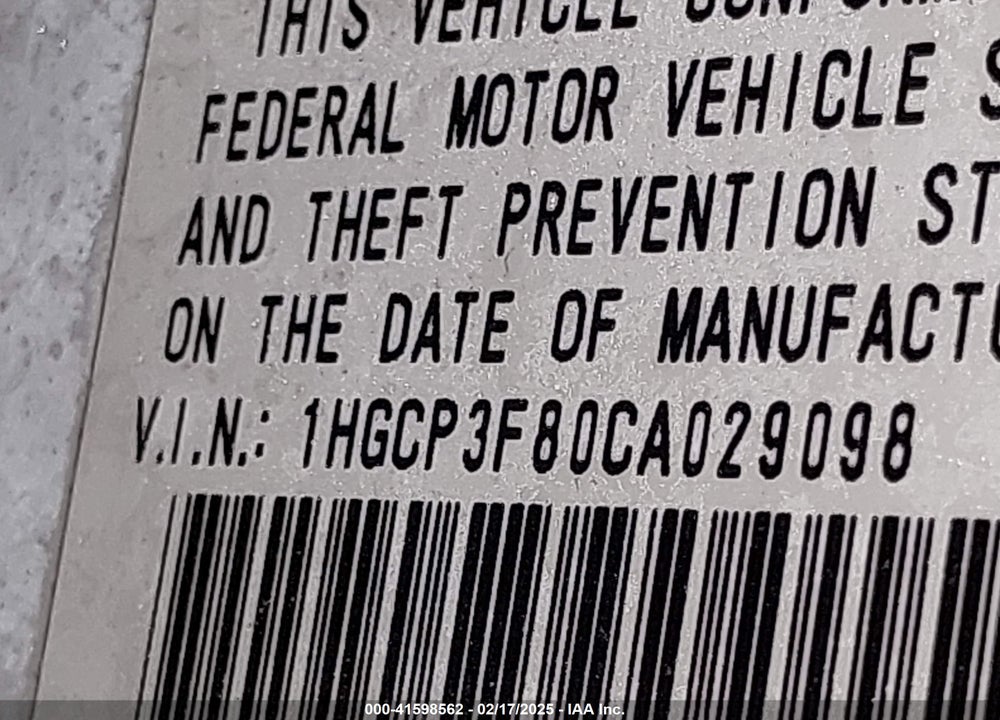 2012 HONDA ACCORD VIN: 1HGCP3F80CA029098