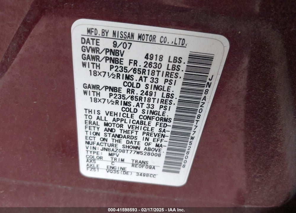 2007 NISSAN MURANO SL VIN: JN8AZ08T77W528008