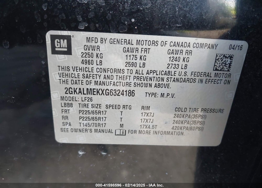 2016 GMC TERRAIN SLE-1 VIN: 2GKALMEKXG6324186