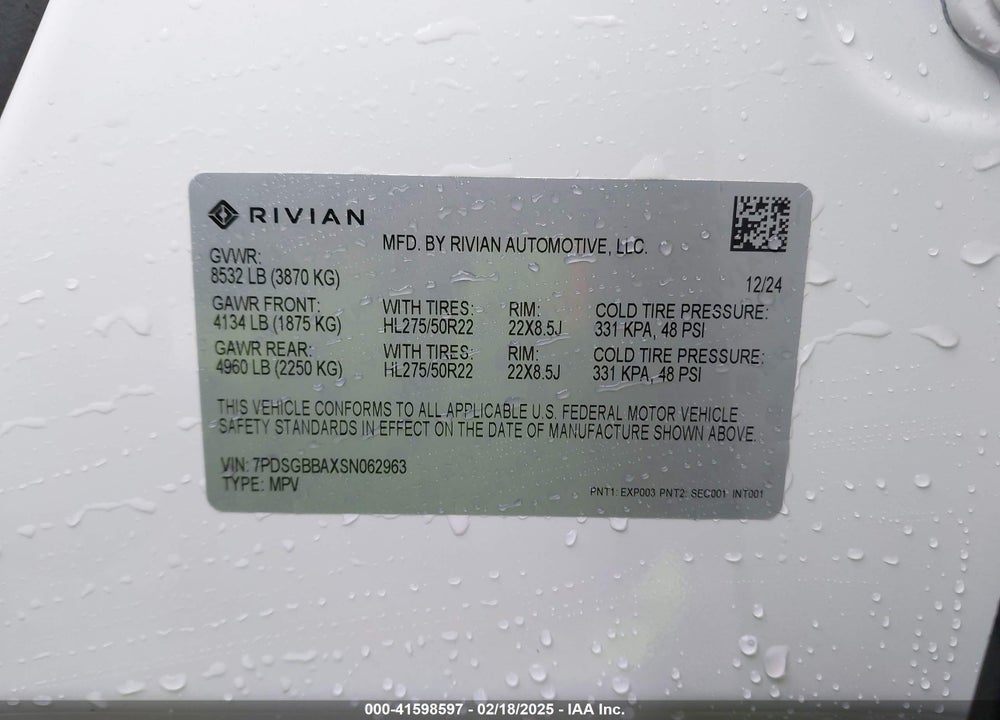 2025 RIVIAN R1S VIN: 7PDSGBBAXSN062963