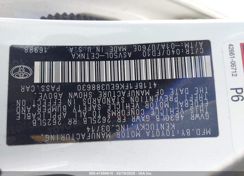 2014 TOYOTA CAMRY VIN: 4T1BF1FK6EU388630