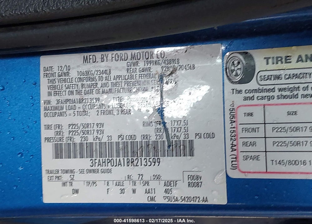 2011 FORD FUSION SEL VIN: 3FAHP0JA1BR213599