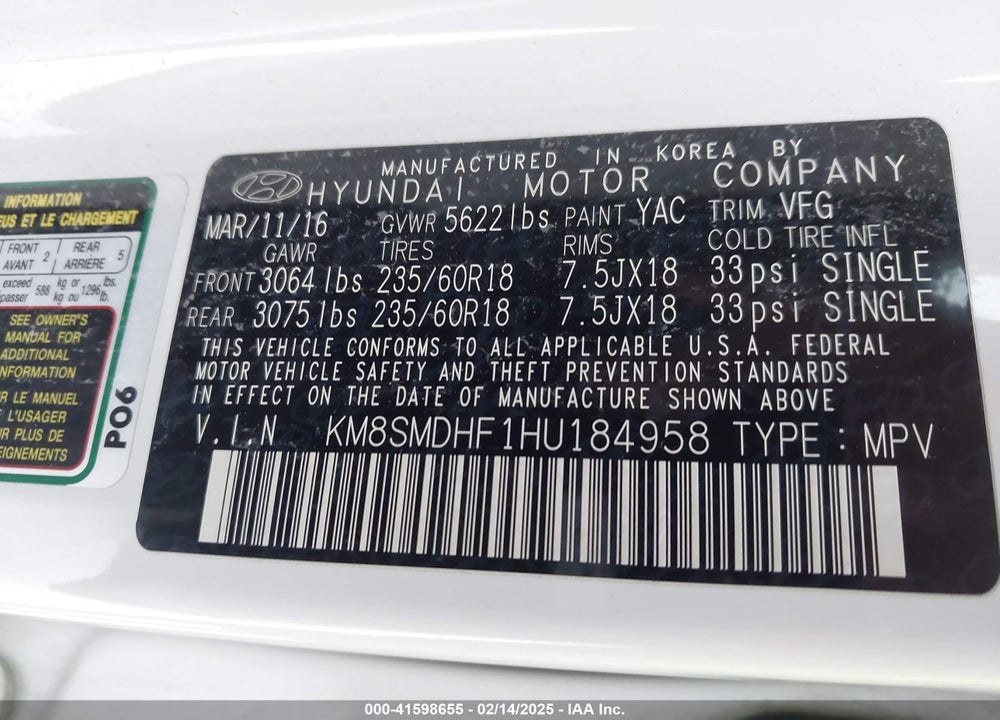 2017 HYUNDAI SANTA FE SE VIN: KM8SMDHF1HU184958