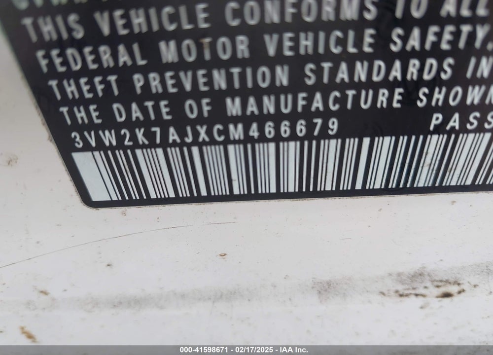 2012 VOLKSWAGEN JETTA 2.0L S VIN: 3VW2K7AJXCM466679