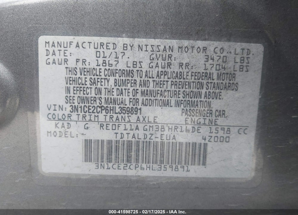 2017 NISSAN VERSA NOTE VIN: 3N1CE2CP6HL359891