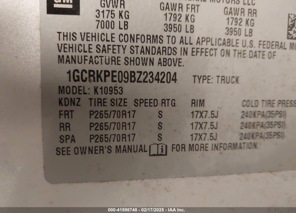 2011 CHEVROLET SILVERADO 1500 WORK TRUCK VIN: 1GCRKPE09BZ234204