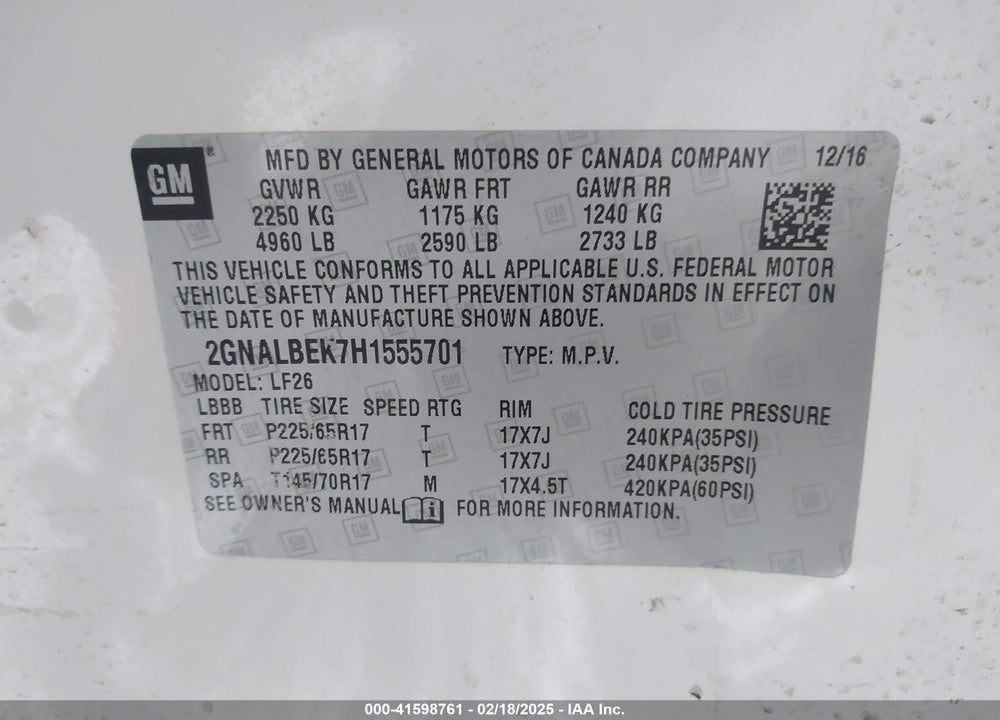 2017 CHEVROLET EQUINOX LS VIN: 2GNALBEK7H1555701