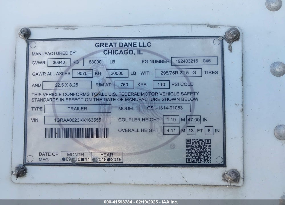 2019 GREAT DANE TRAILERS --- VIN: 1GRAA0623KK163555