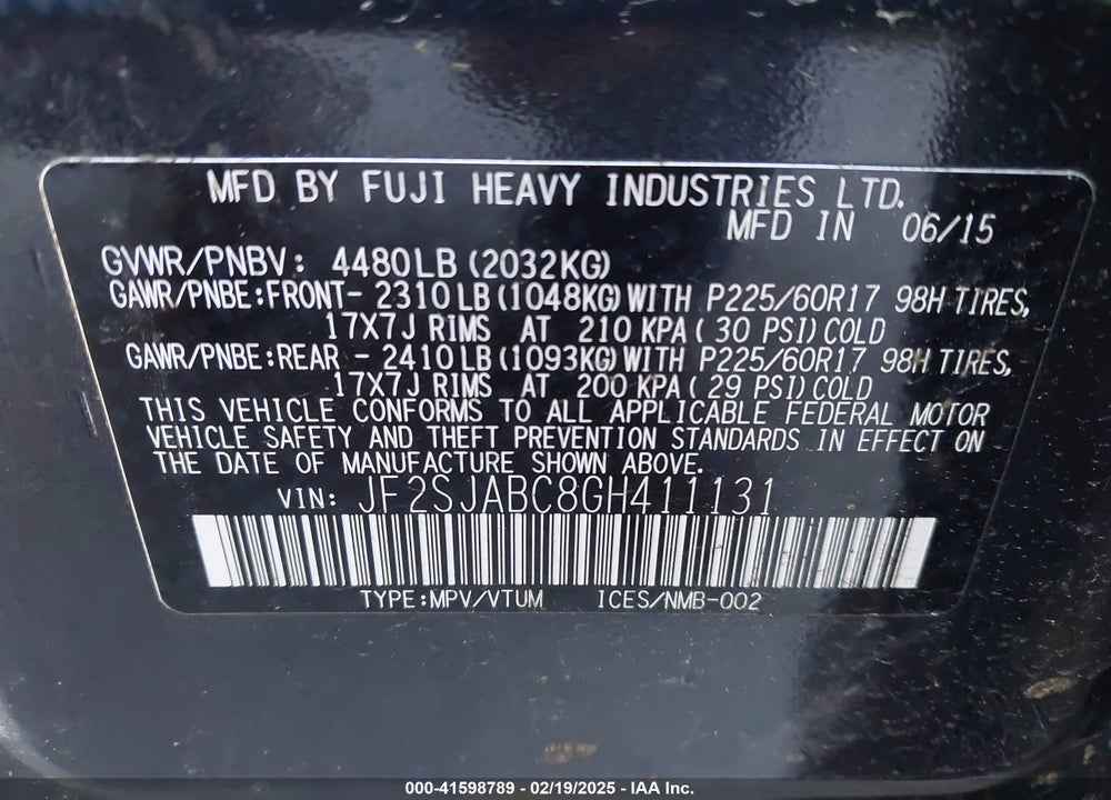 2016 SUBARU FORESTER 2.5I VIN: JF2SJABC8GH411131