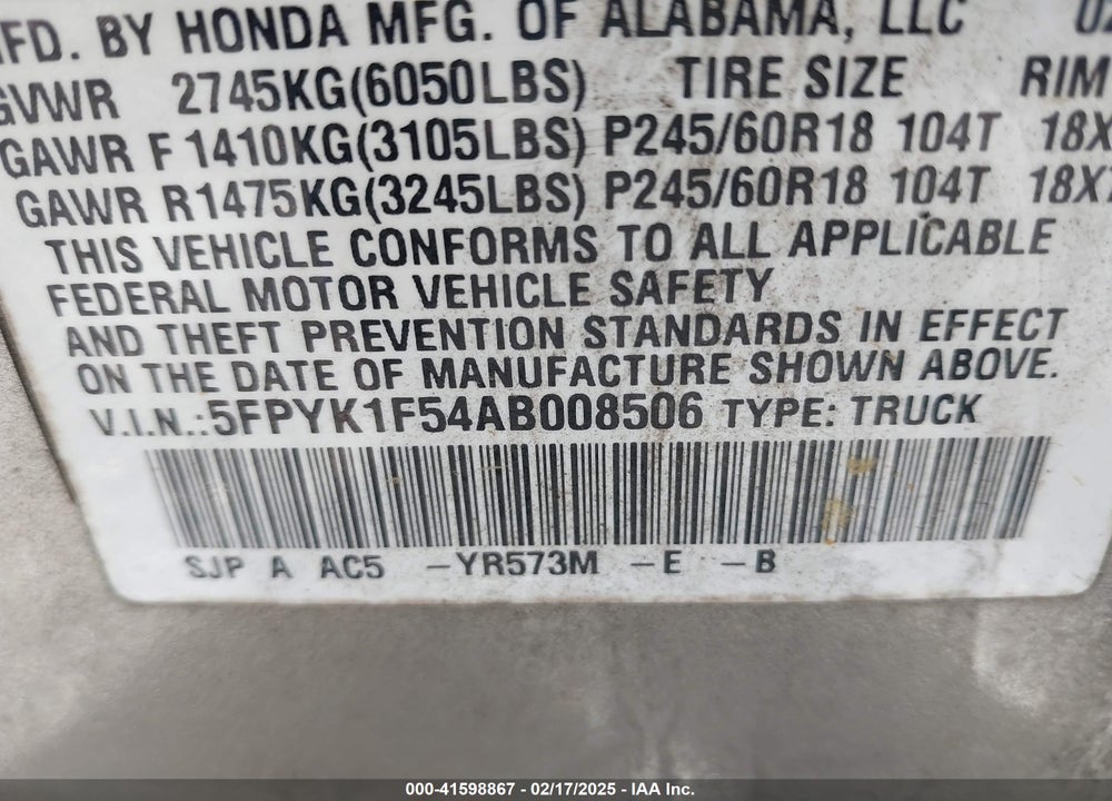 2010 HONDA RIDGELINE RTL VIN: 5FPYK1F54AB008506