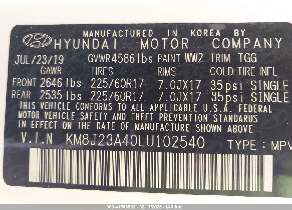 2020 HYUNDAI TUCSON SE VIN: KM8J23A40LU102540