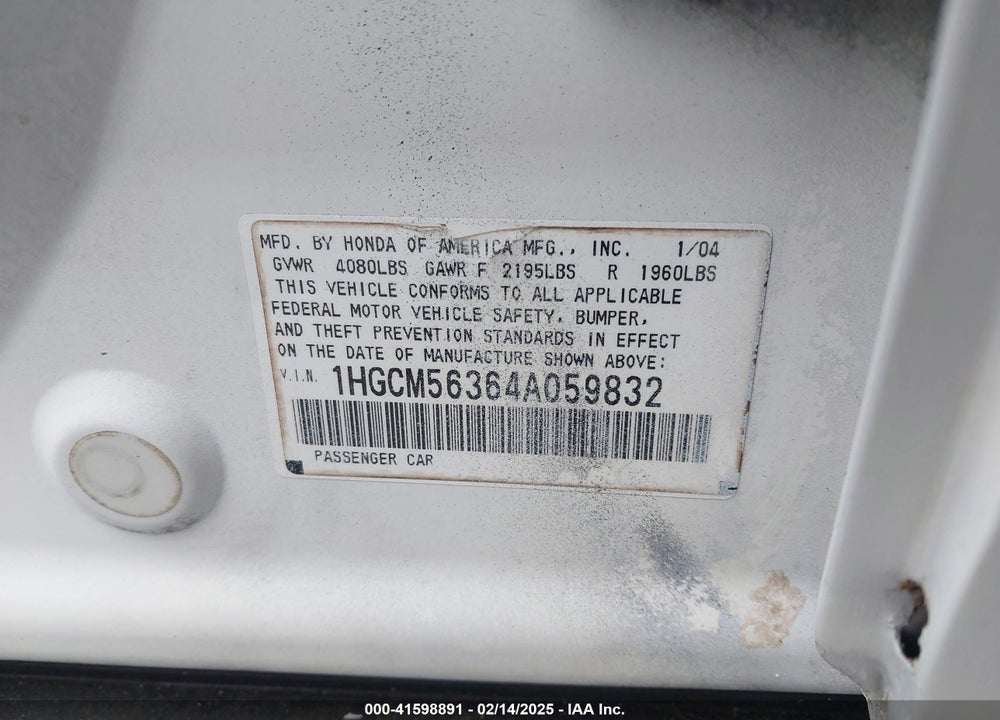 2004 HONDA ACCORD 2.4 LX VIN: 1HGCM56364A059832