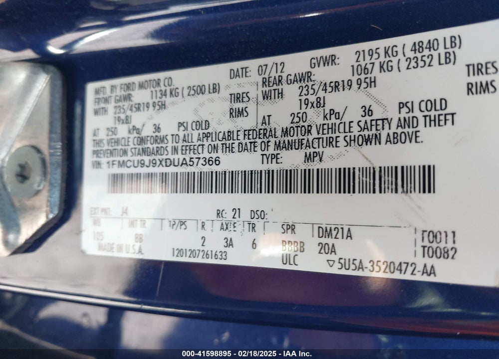 2013 FORD ESCAPE TITANIUM VIN: 1FMCU9J9XDUA57366