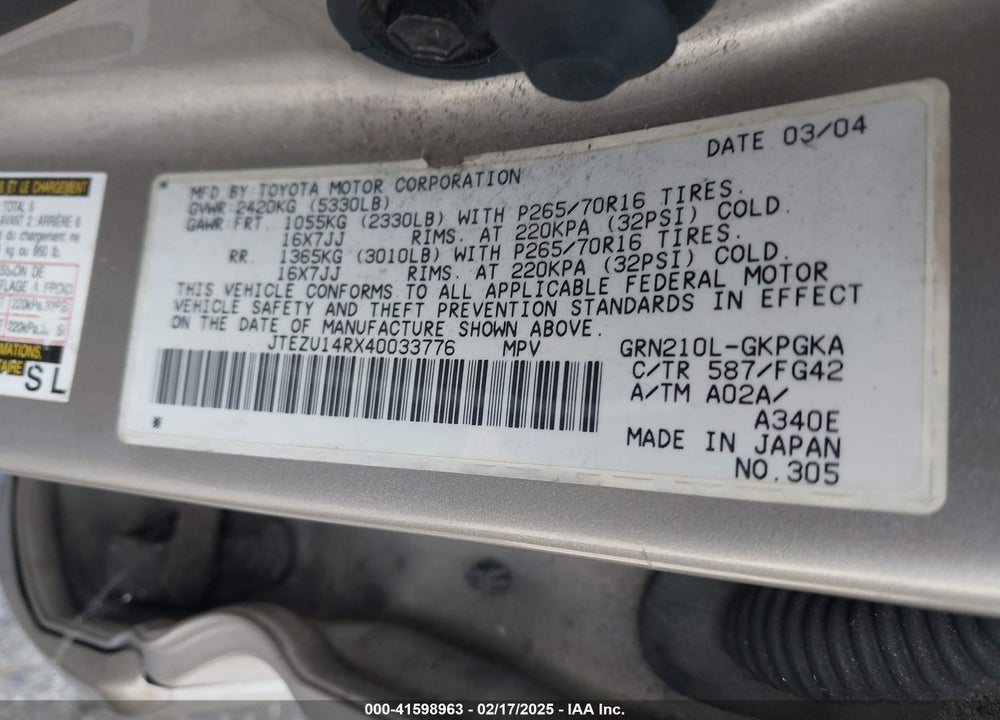 2004 TOYOTA 4RUNNER SR5 V6 VIN: JTEZU14RX40033776