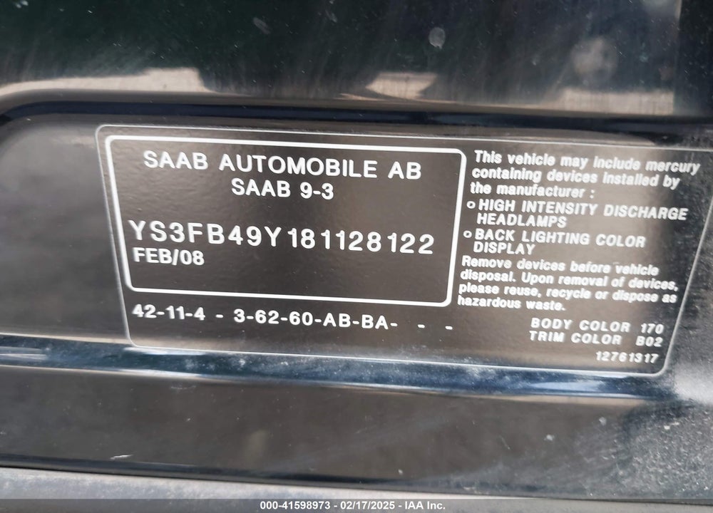 2008 SAAB 9-3 2.0T VIN: YS3FB49Y181128122