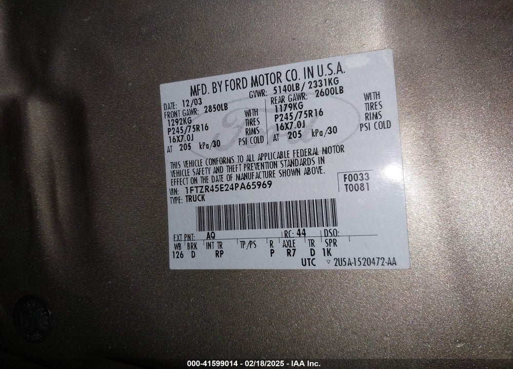 2004 FORD RANGER EDGE/TREMOR/XLT VIN: 1FTZR45E24PA65969