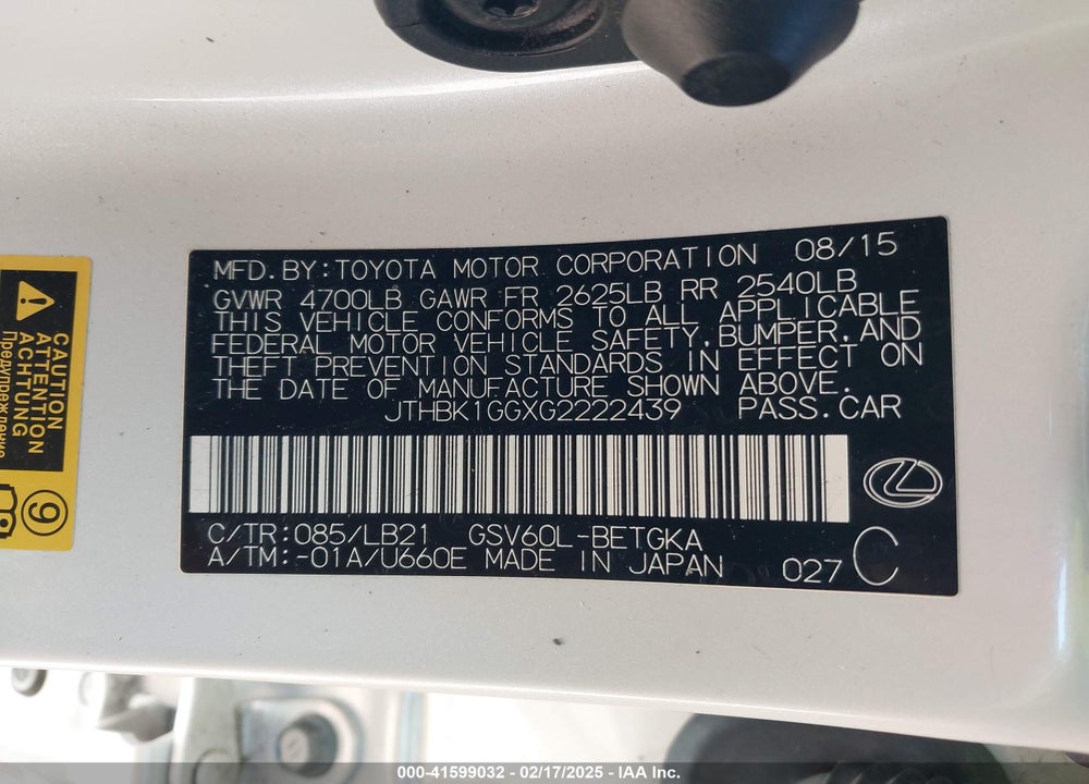 2016 LEXUS ES VIN: JTHBK1GGXG2222439