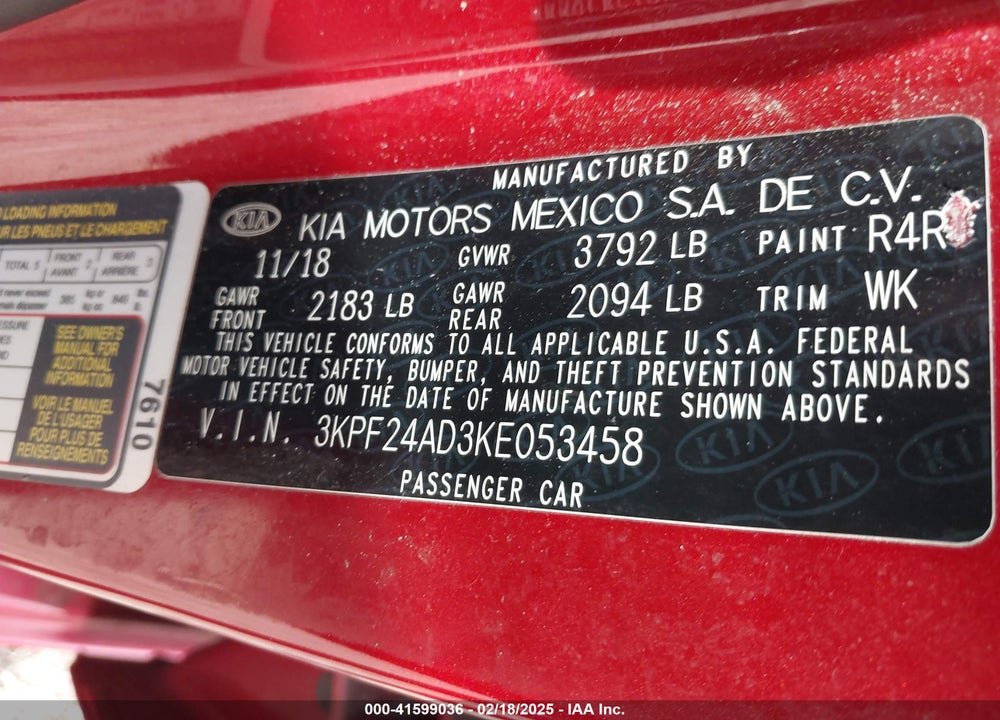 2019 KIA FORTE VIN: 3KPF24AD3KE053458