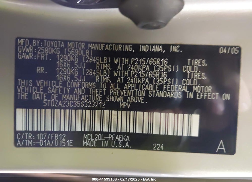2005 TOYOTA SIENNA LE VIN: 5TDZA23C35S323212