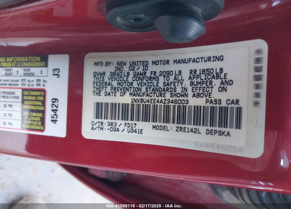 2010 TOYOTA COROLLA S VIN: 1NXBU4EE4AZ346003