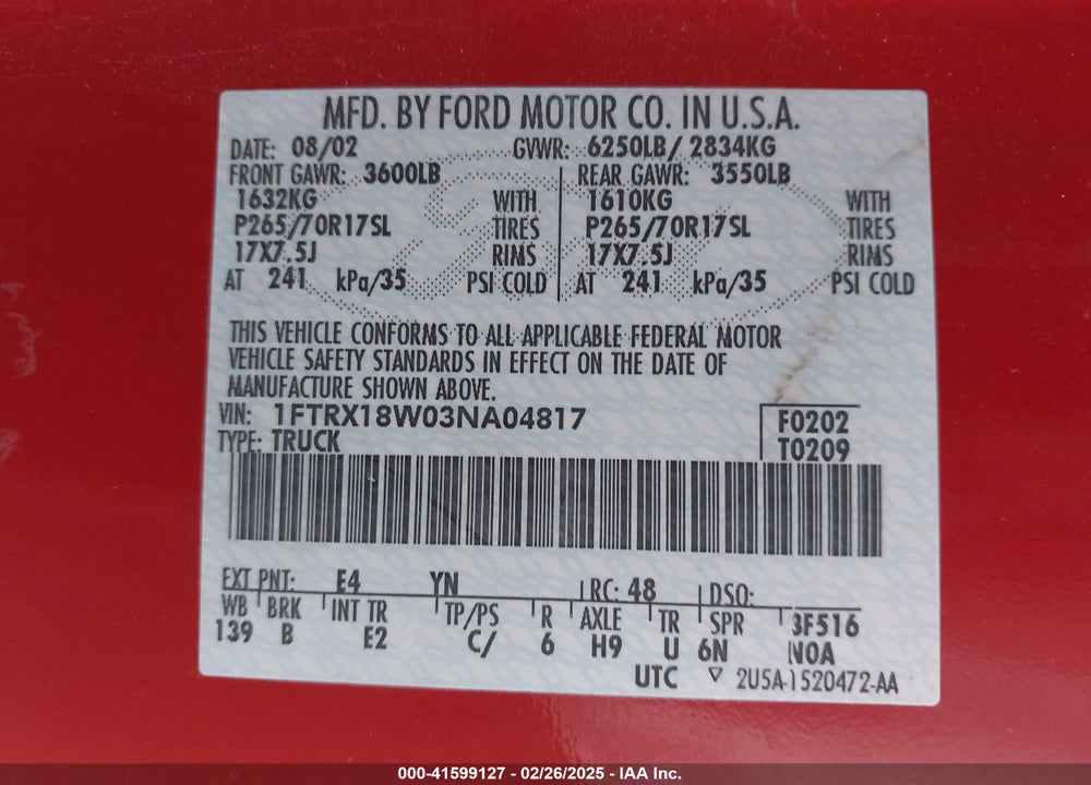2003 FORD F-150 LARIAT/XL/XLT VIN: 1FTRX18W03NA04817