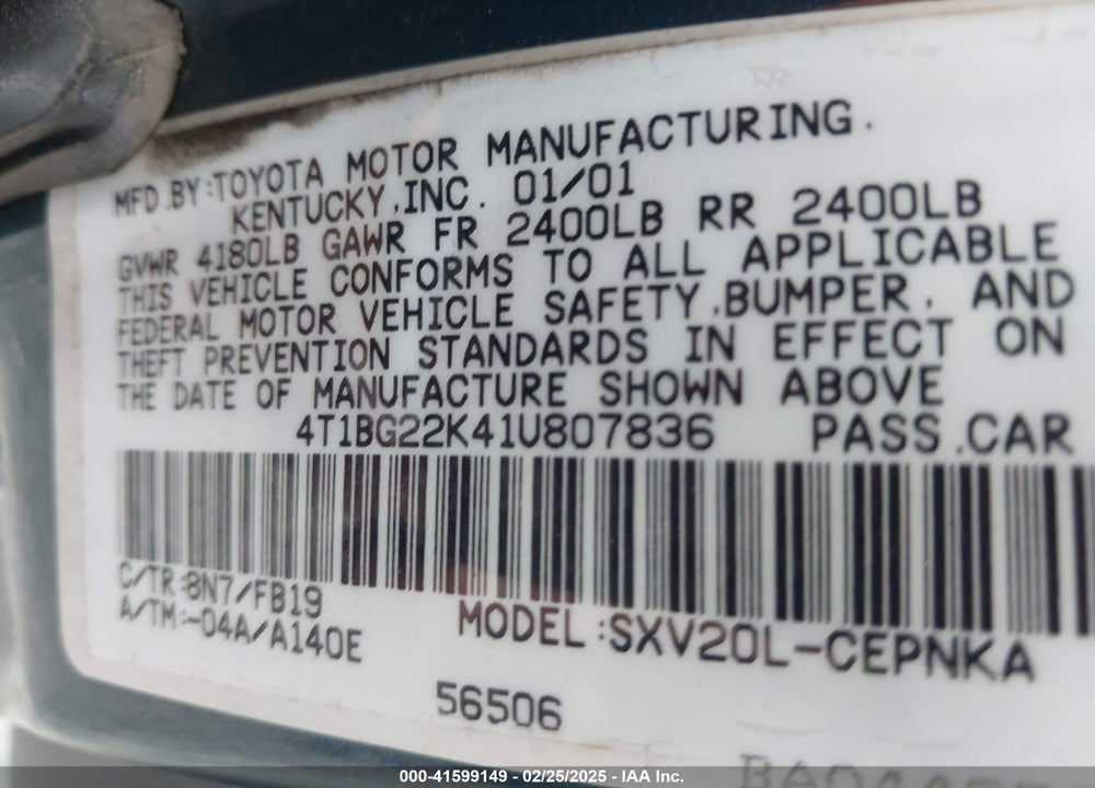 2001 TOYOTA CAMRY LE VIN: 4T1BG22K41U807836