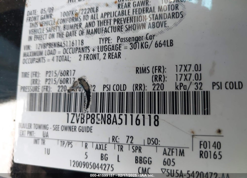 2010 FORD MUSTANG V6/V6 PREMIUM VIN: 1ZVBP8EN8A5116118