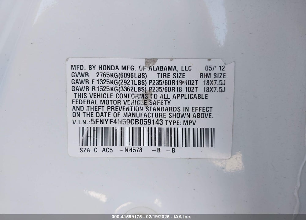 2012 HONDA PILOT EX-L VIN: 5FNYF4H59CB059143