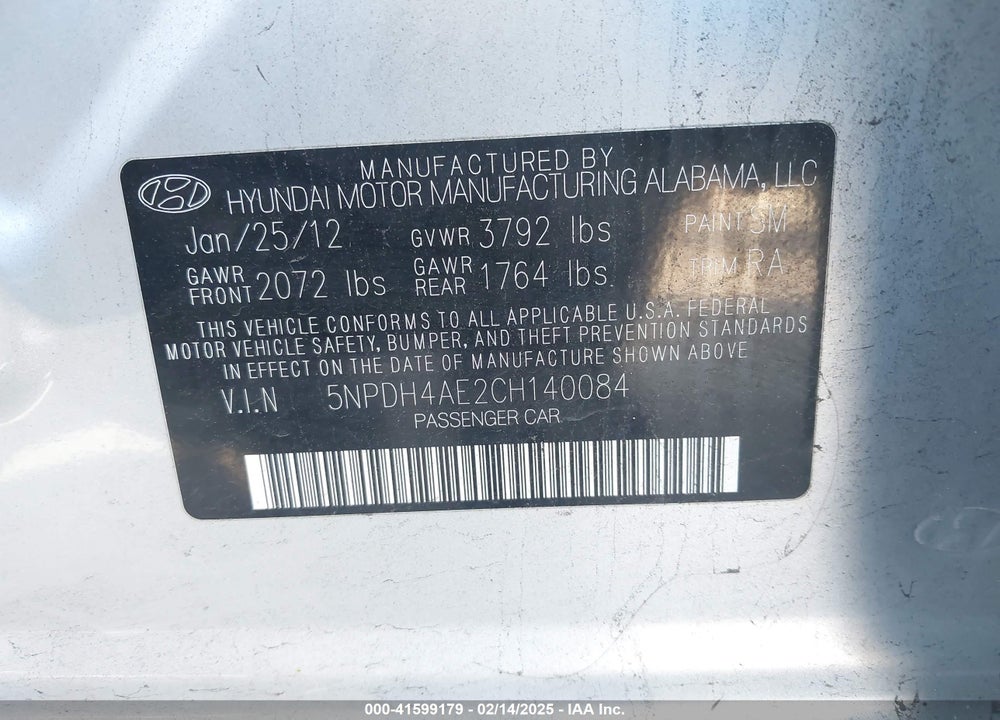2012 HYUNDAI ELANTRA VIN: 5NPDH4AE2CH140084