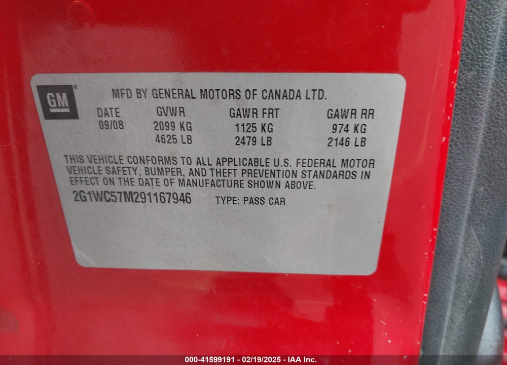 2009 CHEVROLET IMPALA VIN: 2G1WC57M291167946